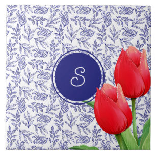 Carreau Élégantes Tulipes Rouges Printemps Floral Blue Mon