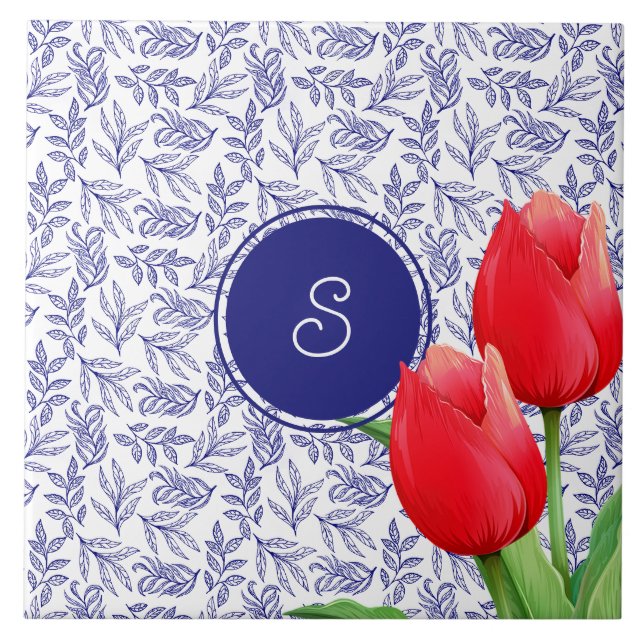 Carreau Élégantes Tulipes Rouges Printemps Floral Blue Mon (Devant)