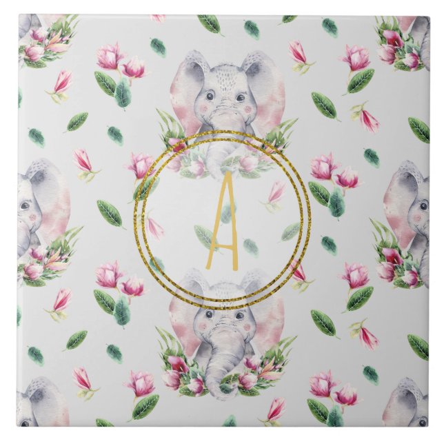 Carreau ÉLÉPHANT Floral Monogramme Girl rose chambre à cou (Devant)
