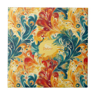 Carreau Emerald Green & Gold Abstrait Paisley Feuilles (3)