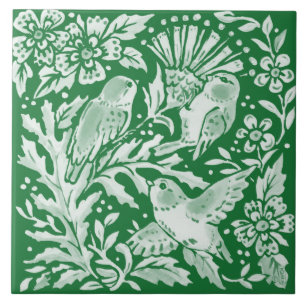 Carreau Emerald Green Woodland Bird Intricable Floral Art