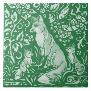 Carreau Emerald Green Woodland Cute Fox Intricable Floral