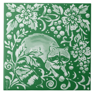 Carreau Emerald Green Woodland Raccoon floral complexe 