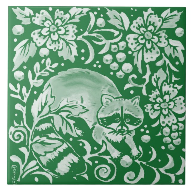 Carreau Emerald Green Woodland Raccoon floral complexe  (Devant)