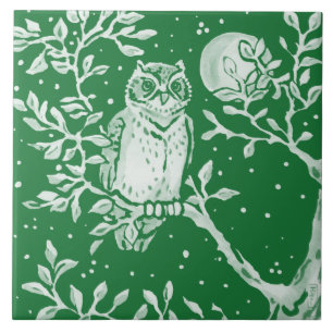 Carreau Émeraude Vert Bois Chouette Arbre Lune Scène de 