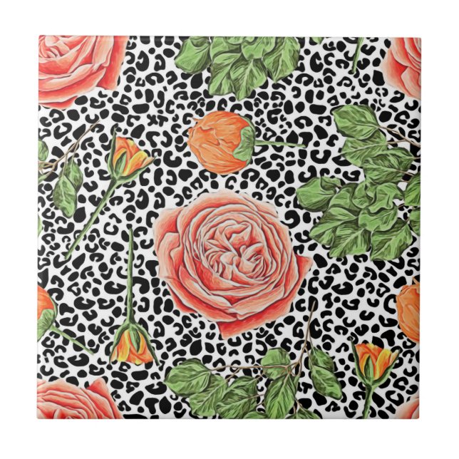 Carreau Empreinte de léopard tendance Chic Orange Rose Flo (Devant)