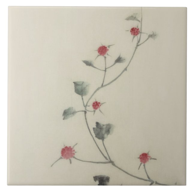 Carreau En Céramique 北 斎 fleurs rouges sur la vigne Hokusai (Devant)