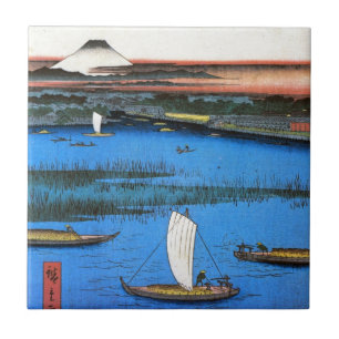 Carreau En Céramique 帆掛け舟と富士, bateau de navigation de 広重 et mont Fuji,