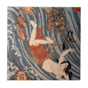 Carreau En Céramique 海 女 と 龍, 国, Femme & Dragon, Kuniyoshi, Ukiyo-e