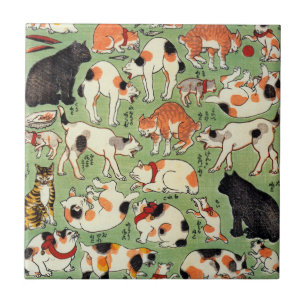 Carreau En Céramique 猫尽両めん合, chats de 芳藤 de l'ère d'Edo, Yoshifuji,