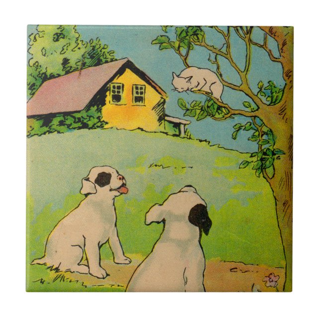 Carreau En Céramique 1914 deux chiens et un petit chat blanc (Devant)