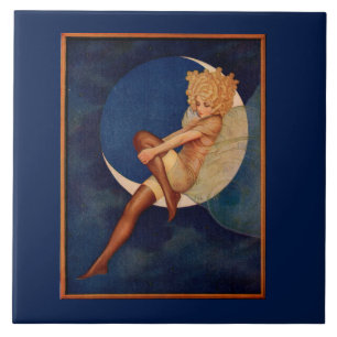Carreau En Céramique 1920 hosiery et belle femme sur la lune