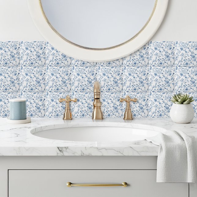 Carreau en céramique à motif floral bleu élégant (Elegant toile de jouy patterned tile in blue and white - a timeless classic for your home decor.)