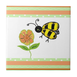 Carreau En Céramique Abeille affairée avec fleur orange