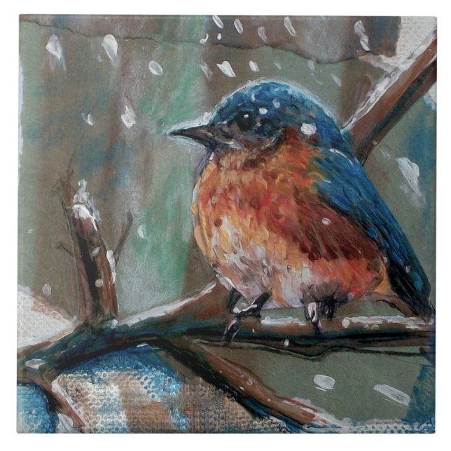 Carreau En Céramique Adorable Petit Oiseau bleu de l'Est Chant (Devant)
