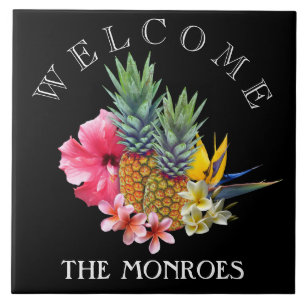Carreau En Céramique Affiche de bienvenue d'ananas noir Nom de famille