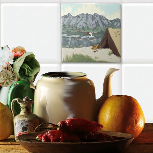 Carreau En Céramique Alaska Bush Plane Pêche Deer Camp Lodge (Tile used in backsplash )