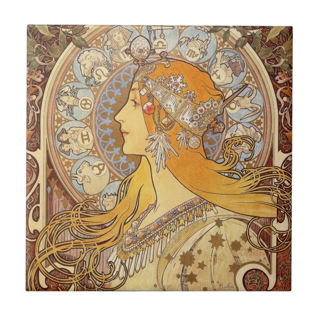 Carreau En Céramique Alfonse Mucha Zodiac Art nouveau femme (Devant)