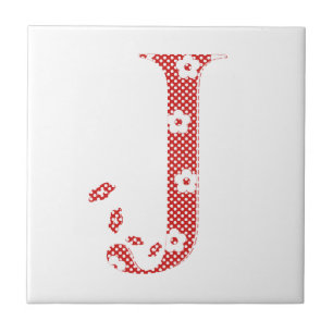 Carreau En Céramique alphabet de fleurs J (rouge et points)l