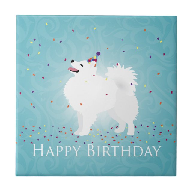 Carreau En Céramique American Eskimo Chien Joyeux Design d'anniversaire (Devant)