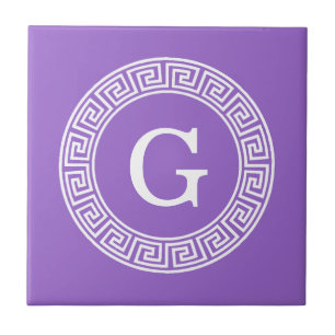 Carreau En Céramique Améthyste Wht Cadre Rnd Clé Grecque Monogramme Ini