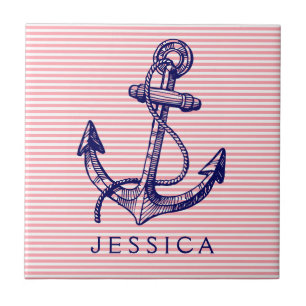 Carreau En Céramique Ancre Marine Bleue Bateau Nautique 2 Et Pink Strip