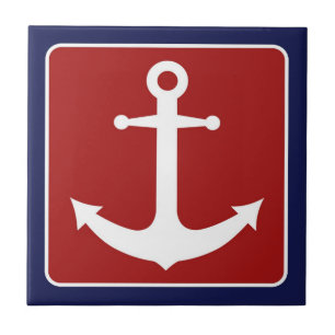 Carreau En Céramique Ancre nautique - blanc et bleu rouges