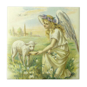 Carreau En Céramique Ange de Pâques religieux vintage victorien avec ag