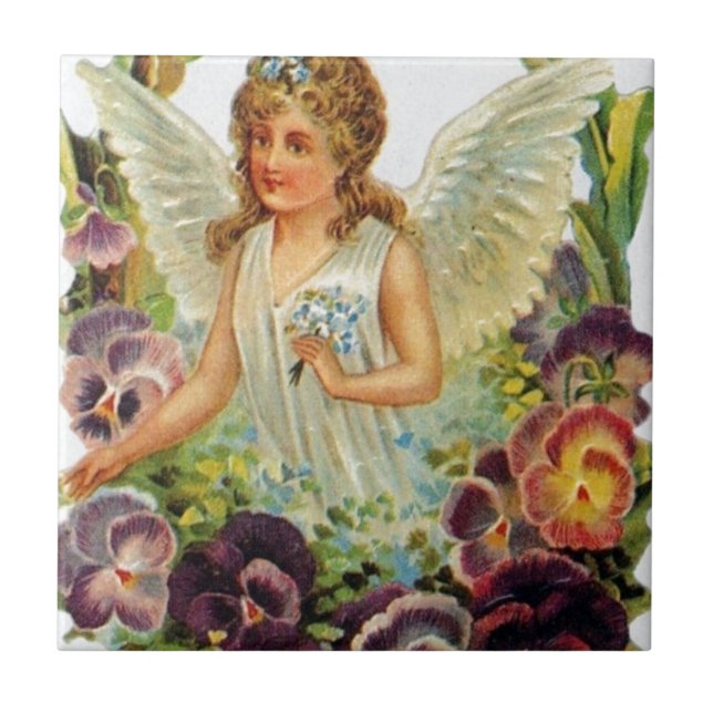 Carreau En Céramique Ange victorien avec des fleurs (Devant)