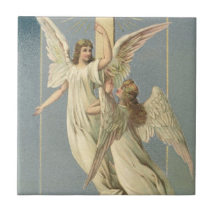 Carreau En Céramique Anges victoriens avec une croix, Pâques vintage