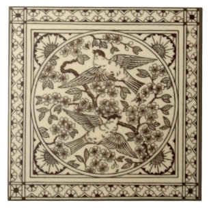 Carreau En Céramique Antique Esthétique Japonaise Sepia Bird Tile Repro