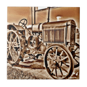 Carreau En Céramique Antique Tracteur Équipement Agricole Classic Sepia