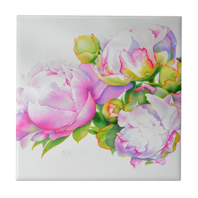 Carreau En Céramique Aquarelle blanche rose peintures florales pivoines (Devant)