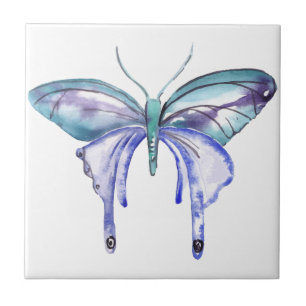 Carreau En Céramique aquarelle bleu bleu pourpre papillon
