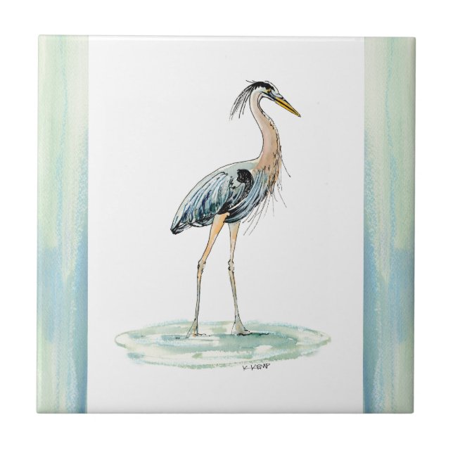 Carreau En Céramique Aquarelle bleue de héron (Devant)