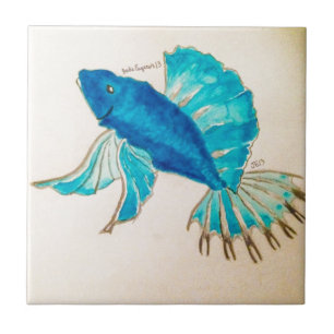 Carreau En Céramique Aquarelle bleue de poissons