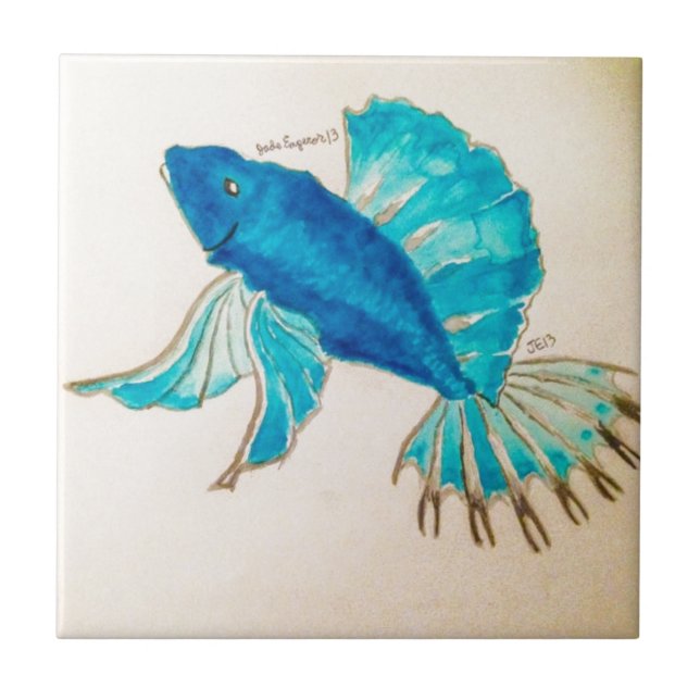 Carreau En Céramique Aquarelle bleue de poissons (Devant)