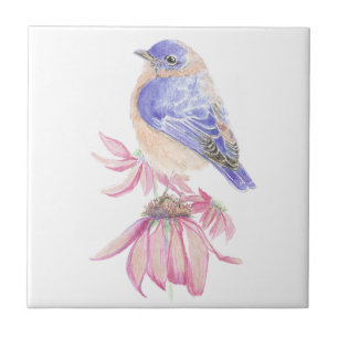 Carreau En Céramique Aquarelle Bluebird Fleur rose Oiseau Art