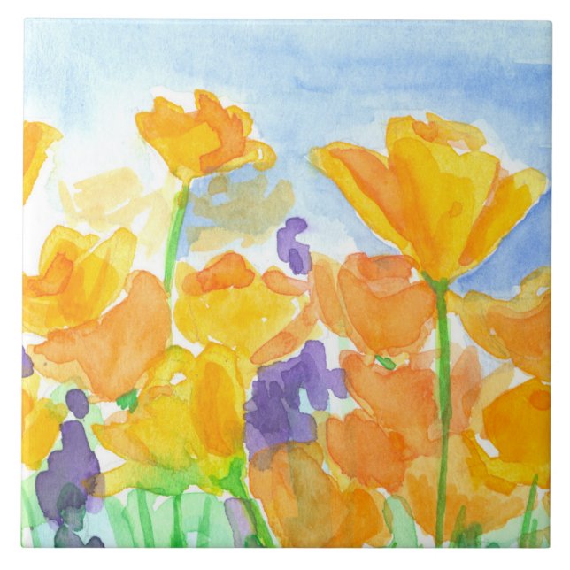 Carreau En Céramique Aquarelle Californie Fleurs de pavot (Devant)
