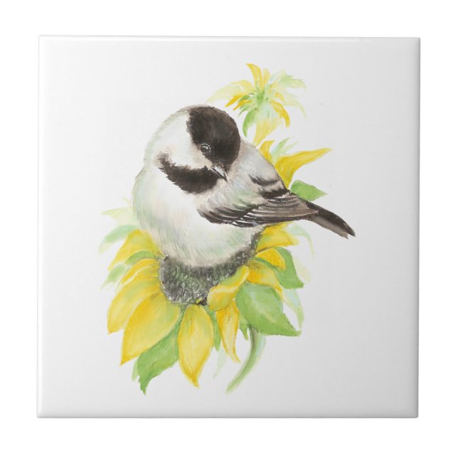Carreau En Céramique Aquarelle Chickadee Tournesol mou Oiseau art (Devant)