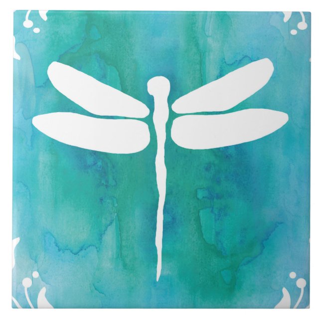 Carreau En Céramique Aquarelle de libellule blanche Aqua Blue Dragonlie (Devant)