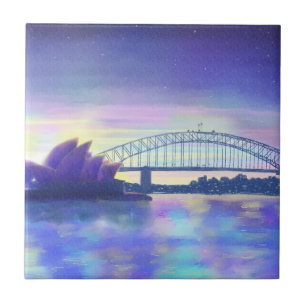 Carreau En Céramique Aquarelle du port de Sydney Coucher de soleil viol