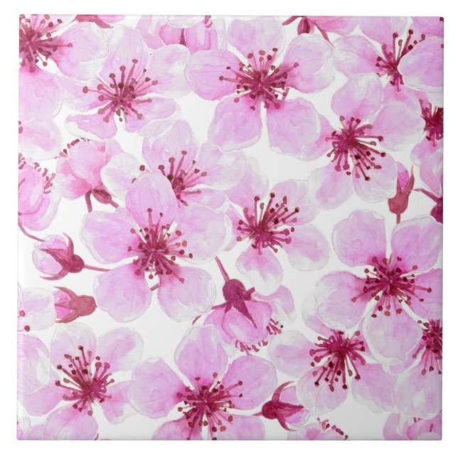 Carreau En Céramique Aquarelle en fleurs de cerisier (Devant)