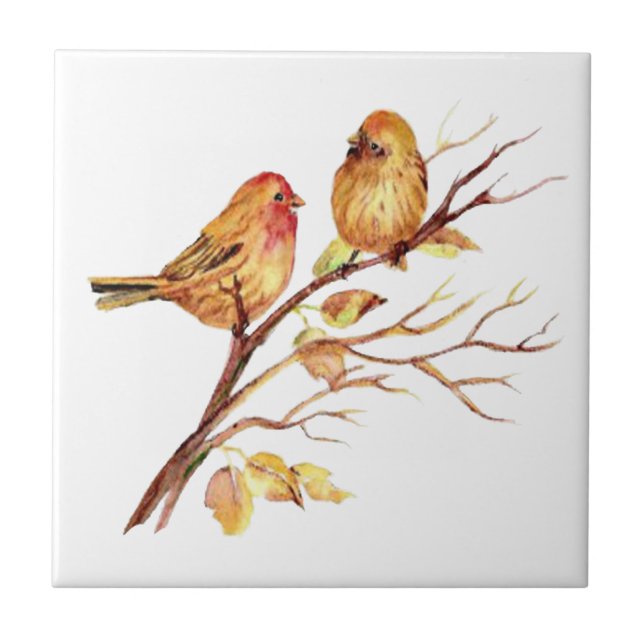 Carreau En Céramique Aquarelle Finch Birds dans la branche de l'arbre (Devant)