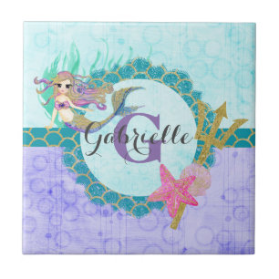 Carreau En Céramique Aquarelle mignonne de sirène Monogramme Turquoise 
