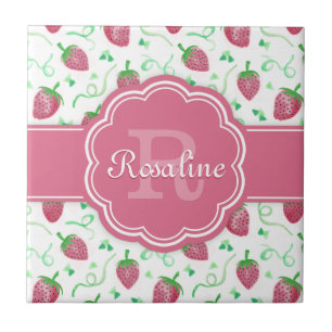 Carreau En Céramique Aquarelle Motif fraise avec Monogramme