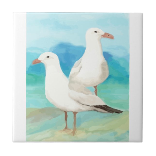 Carreau En Céramique Aquarelle Mouettes Gull Beach Oiseaux Art (Devant)