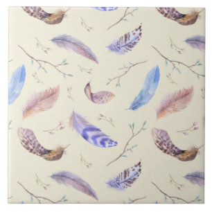 Carreau En Céramique Aquarelle Plumes Feuilles et Branches Motif