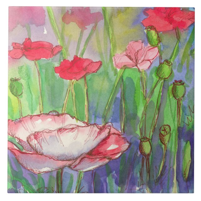Carreau En Céramique Aquarelle rose rouge Fleurs de pavot (Devant)