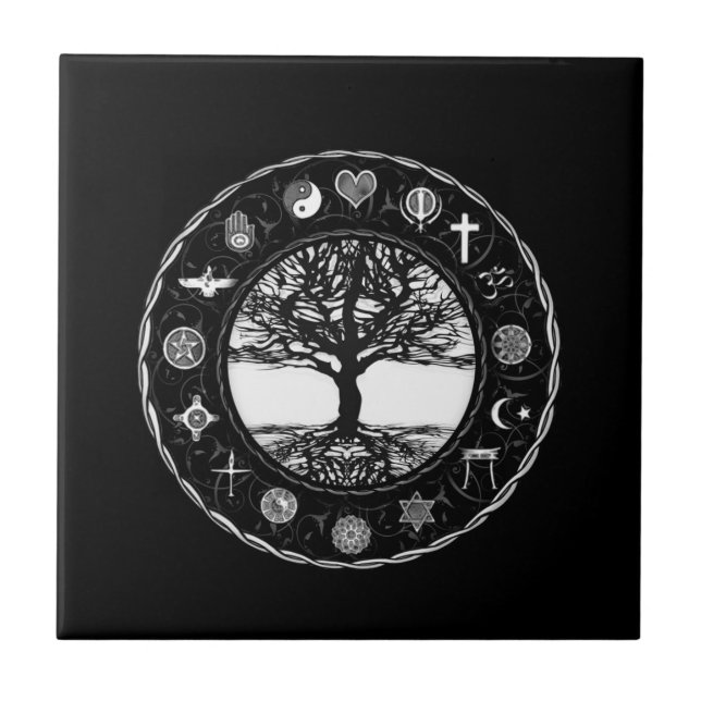 Carreau En Céramique Arbre noir et blanc de religions du monde (Devant)
